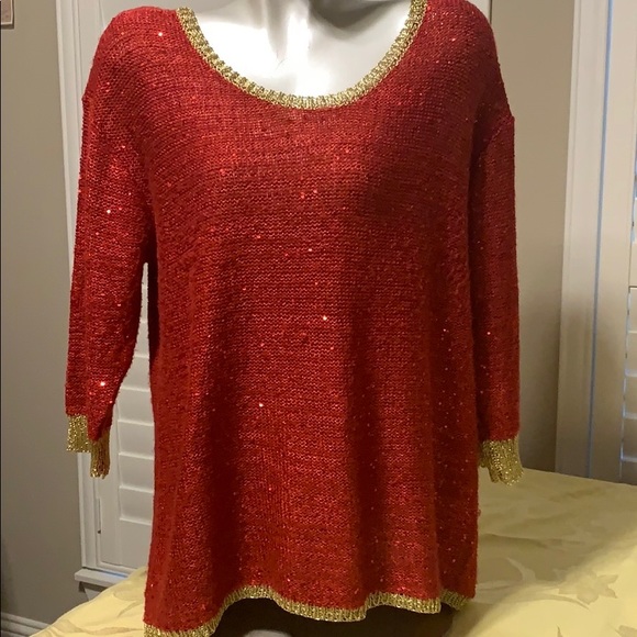 Reba Sweaters - REBA hi low sweater red sparkles & gold accent